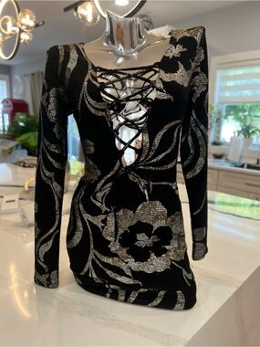 Windsor Black Mini Dress with Silver Floral Lace-Up Front
